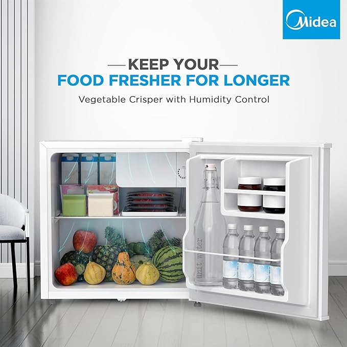 Midea 50L Single Door Refrigerator with Reversible Door, 2l Bottle Rack, Smart Design with Recessed Handle with Lock, Best Compact Small Fridge For Mini Bar, Room Or Office, MDRD86FGE01