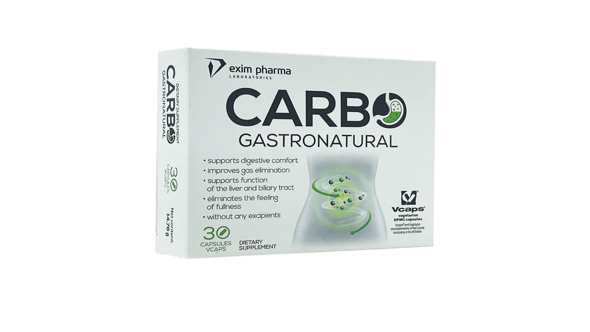 Carbo gastronatural support digestive comfort with activated charcoal, fennel and anise extracts,vegetarian capsules helps gas elimination,relief bloating 30 capsules