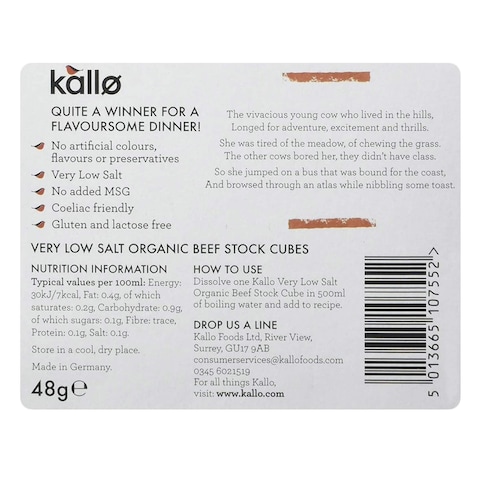 Kallo Organic Very Low Salt Beef Stock Cubes 48g