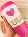 Tumbler &lsquo;Heart Dubai' Design with Glitters and Stones for Hot and Cold Beverages White and Pink 16oz