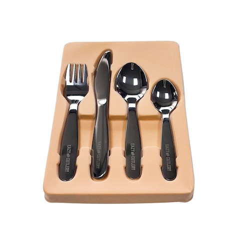 Eazy Kids Set of 4 Cutlery (Spoon, Fork, Knife &amp; Tea Spoon) w/ Silicon Pouch &ndash; Grey