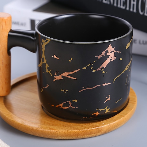 ZK Ceramic mug wooden handle, marble design printed classic coffee enamel mug Ceramic Coffee Cup with wood handle.