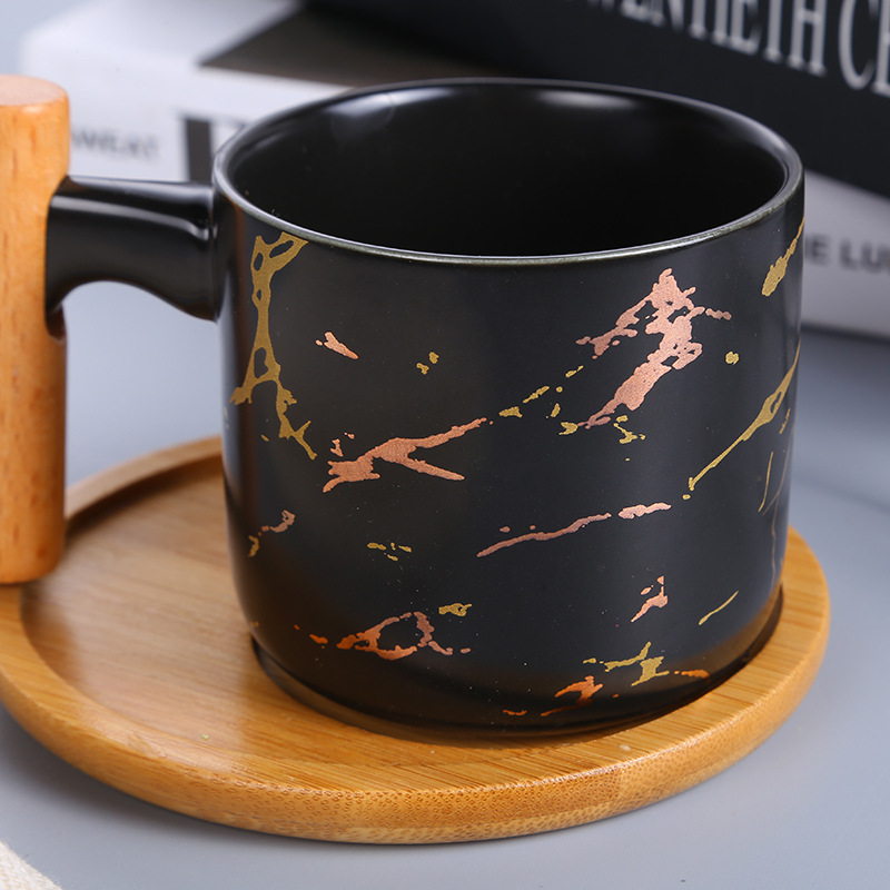 ZK Ceramic mug wooden handle, marble design printed classic coffee enamel mug Ceramic Coffee Cup with wood handle.