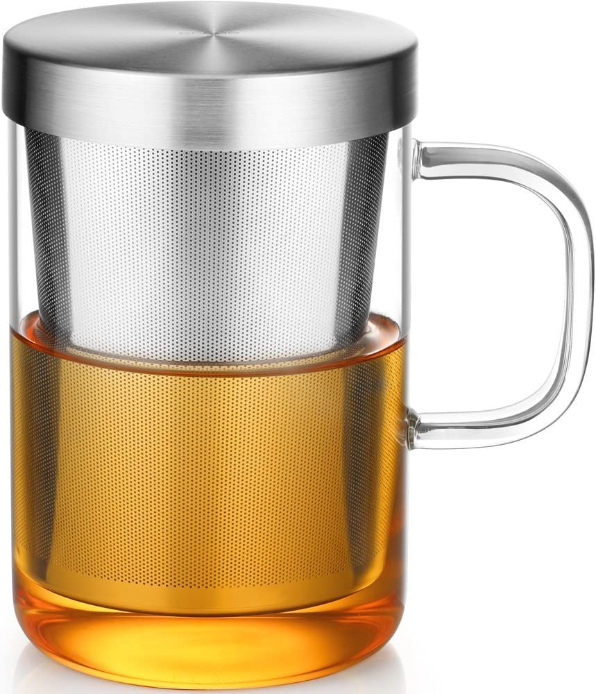 Lushh Clear Glass Tea Mug Cup with Stainless Steel Infuser Lid for Loose Tea/Tea Bag 500ML (17 Oz)