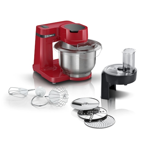 Bosch Kitchen Machine ,700 Watt, 4 Speed Settings, 3.8 Liter Bowl, Whisk, Stirrer &amp; Kneading Hook, Continuous shredder with 3 discs Red Colour-MUMS2ER01G