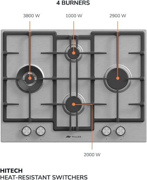 MILLEN MGH 6501 IX 65 cm Built-in 4 Burners Gas Hob - Stainless-Steel Finish, 9700 Watts, Mechanical and Electric Ignition Control, 3 Year Warranty