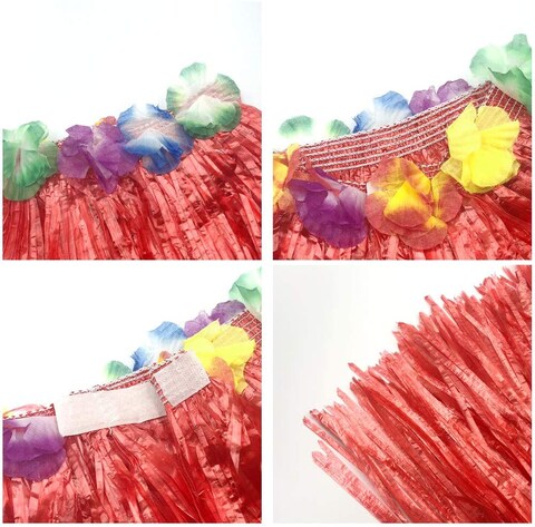 Party Time Red Hula Grass Skirts Elastic Girls Children Womens Hawaiian Hibiscus Flower Dancer Dress Favors For Party Decoration Supplies Performance Bracelets, Headband, Necklace Costume Set, 1 Set