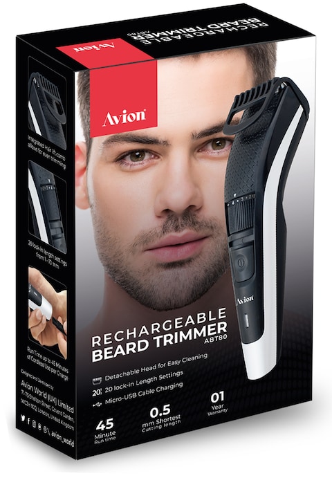 Avion Rechargeable Beard Trimmer For Men, 20 Lock- In Length Settings, Cordless Electric Trimmer, Micro USB Charging, Up To 45 Minutes Use, Skin-Friendly Blades For Smooth Skin, Abt80