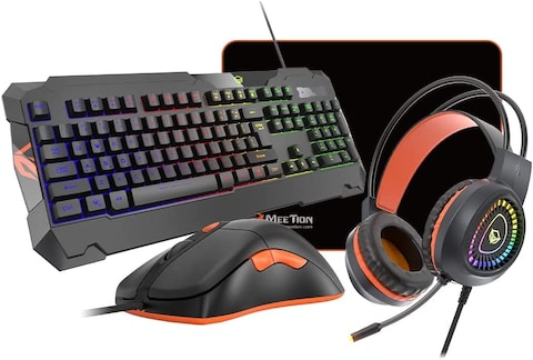 Meetion MT C505 4 In 1 Gaming Combo Kit, Anti Ghost RGB Gaming Keyboard, 5+1 Buttons 3200DPI Gaming Mouse, Backlit Gaming Headphone With Omni Directional Microphone, High Precision Gaming Mouse Pad