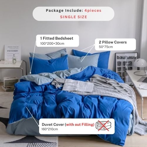 Luna Home-Premium Single Size Korean Reversible Bedding Set, Plain Grey and Blue Color.