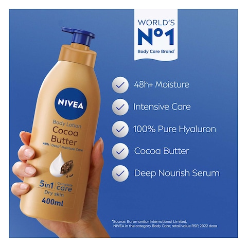 NIVEA Body Lotion Moisturizer for Dry Skin, 48h Moisture Care, Cocoa Butter Vitamin E, 400ml