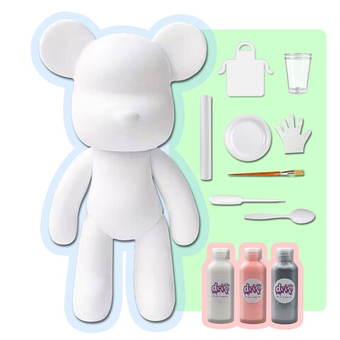 DIY CREATE YOUR OWN UNIQUE ACRYLIC FLUID POURING PAINT BEAR (9 inch - 23 cm) COMPLETE SET, colors: White, Light-Pink, Silver. Arts and Crafts, Customize Handmade Creative Birthday Gift