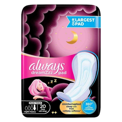 Always Dreamzz Cotton Maxi Thick Sanitary Pads With Wings 20 Count