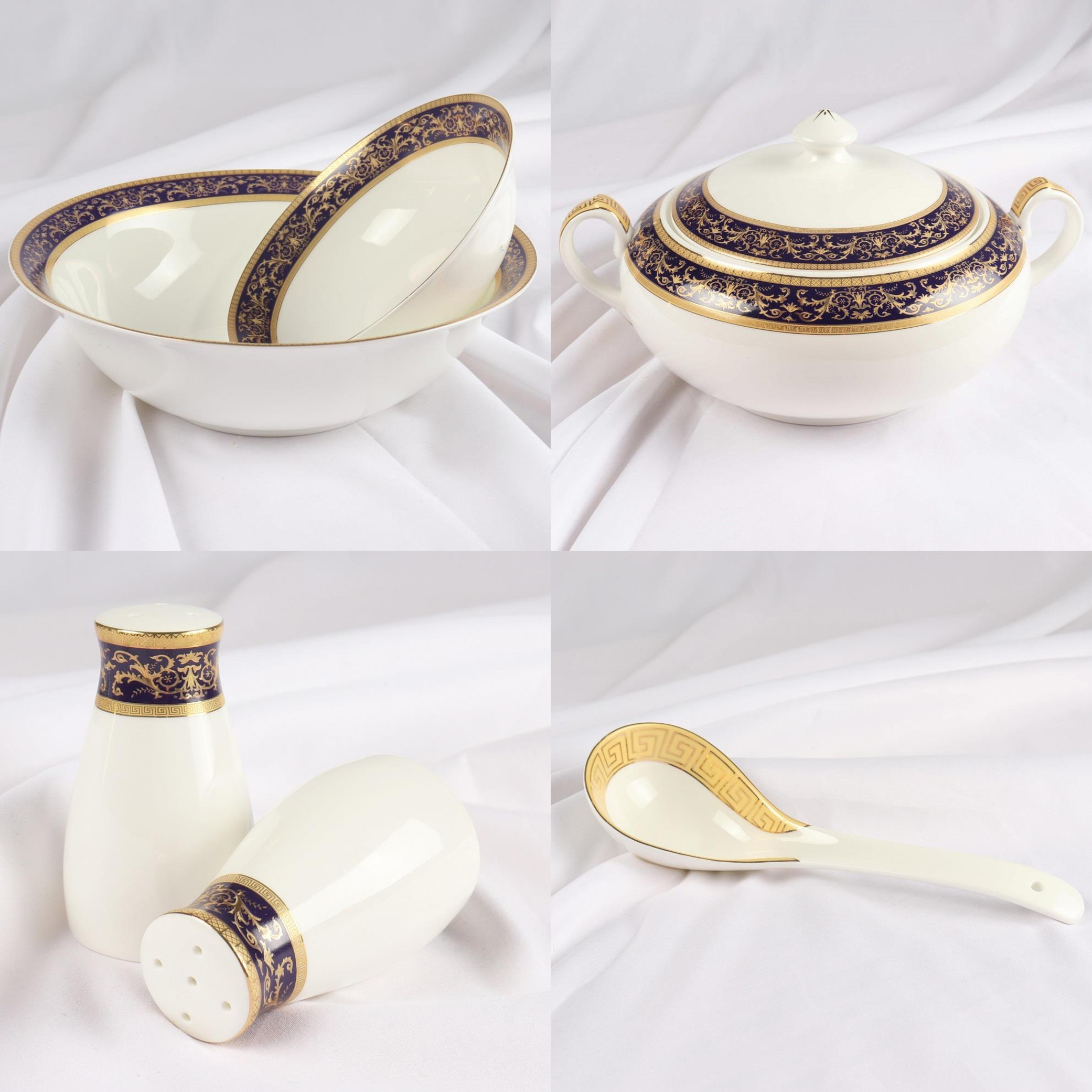 XIANGYU Dinner Set Porcelain Gold, 115pcs tea set; 10&#39;5 flat plate- (12) , 8&#39; soup plate- (12) 8&#39; flat plate- (12), 7&#39;5 flat plate- (12) 6&#39; salad bowl- (12), &#39;tea pot (1set)- (2) Tea cup/Saucer(12set)