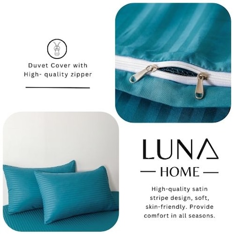 Luna Home Premium 6 Piece King Size Duvet Cover Satin Stripe Solid Ocean Blue