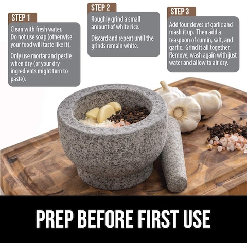 LIYING Granite Mortar and Pestle Set &ndash; Molcajete Mexicano Pestle and Mortar Set - Large Guacamole Bowl - Spice Grinder Hand - Unpolished 5.9 Inch Holds2Cups - Ergonomic Sleek Design - Gray