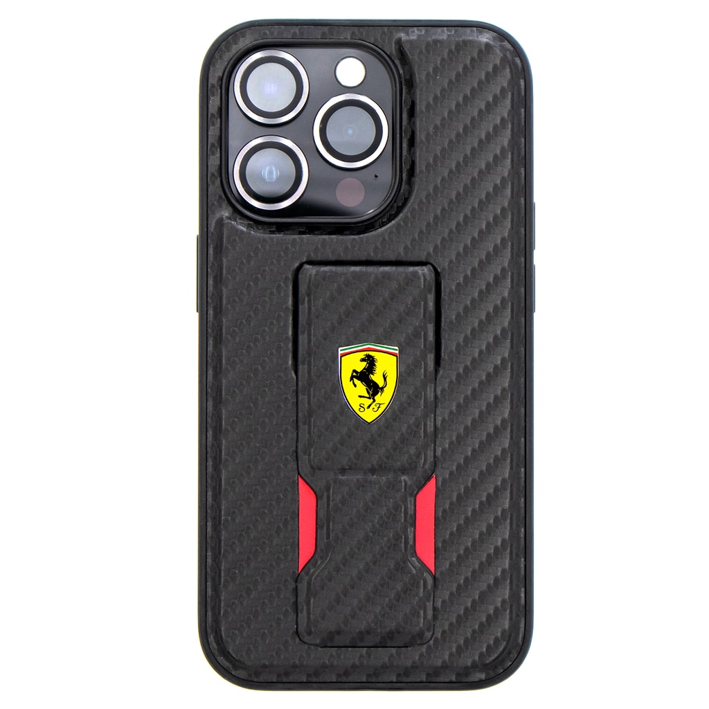 Ferrari Grip Stand PU Carbon Hard Cover iPhone 14 Pro