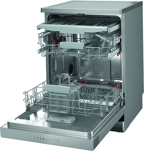 Ariston Dishwasher Freestanding, 14 Place Setting 9 Programs, Inverter Motor With Turbo Washing &amp; Static Dry Functions, 3D Zone Wash, Third Rack, Silent Dishwasher, Made In Poland, Inox, LFC3C33WFXUK