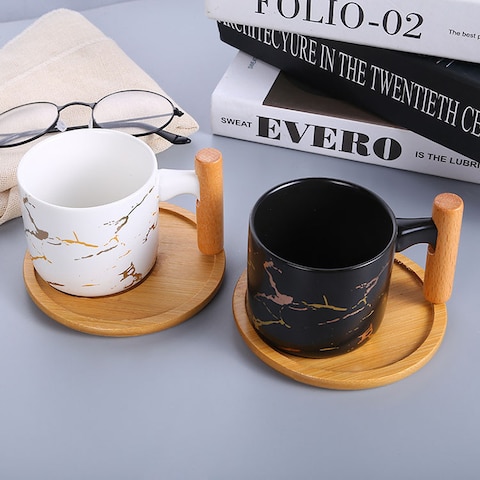 ZK Ceramic mug wooden handle, marble design printed classic coffee enamel mug Ceramic Coffee Cup with wood handle.