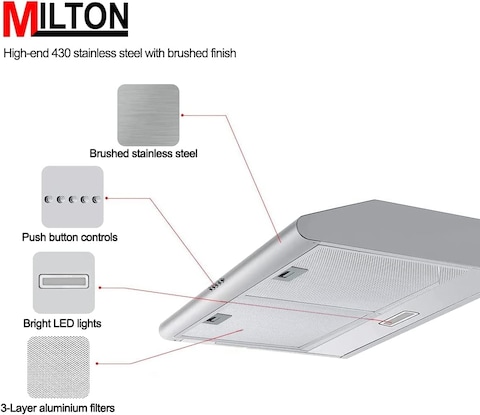 Milton Cooker Hood Built-in Classic Hood Full Stainless Steel Push Button Control 3 Spin Motor Alm Filter Led Light Carbon Filter Silver Color Size (90 x 60) cm Model - 7501INOX90-1 Year Warranty.