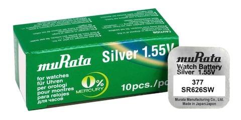 Murata 377 (SR626SW) 1.55V Silver Oxide 0% Hg Mercury Free Battery For Watches - 10 Batteries