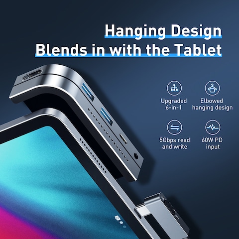 Baseus Docking Station USB C Hub (Upgrade) Invisible 6 in 1 Dongle Adapter with 4K HDMI 2 USB 3.0, USB-C PD 60W 3.5mm Audio Micro SD for iPad Pro 2018 2019 2020 2021 MacBook Pro and more