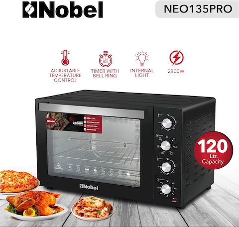 Nobel 7 In 1, 120 Liters Electric Oven With 4 Control Knobs, And Double Glass, 70-250&deg; AdjustableTemperature Control, 120 Min Timer With Bell Ring, 2 M Shape Heating Elements, 2800W NEO135PRO Black