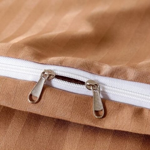 Luna Home Premium King Size 6 Pieces Bedding Set Without Filler, Solid Brown Tan Color, Satin Stripe Design