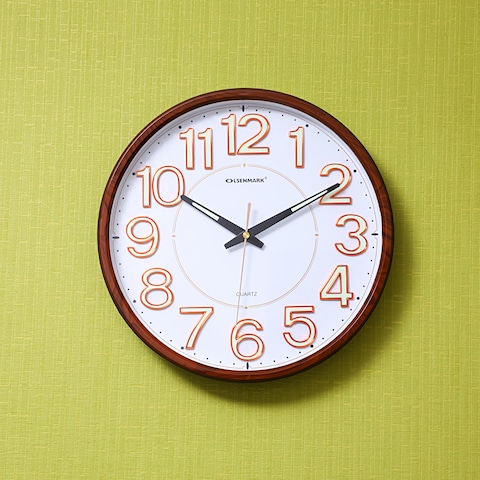 Olsenmark Round Wall Clock- OMWC1776/ Circle Shaped, Wall-Mounted, 1 AA Battery Operated and Durable/ ABS Case and Glass Lens, Minimal Design, Silent Operation, Step Movement/ Ideal for Home