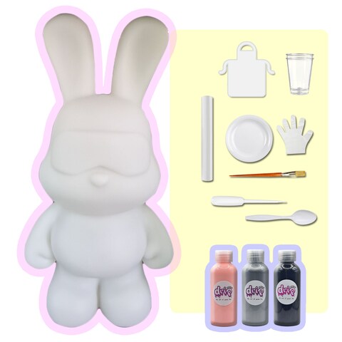DIY MONEY SAVING COOL BUNNY (8.6 inch - 23 cm) ACRYLIC FLOW POUR PAINT SET COLORS: Light-Pink, Silver, Black. Dubai Drip Arts and Crafts.