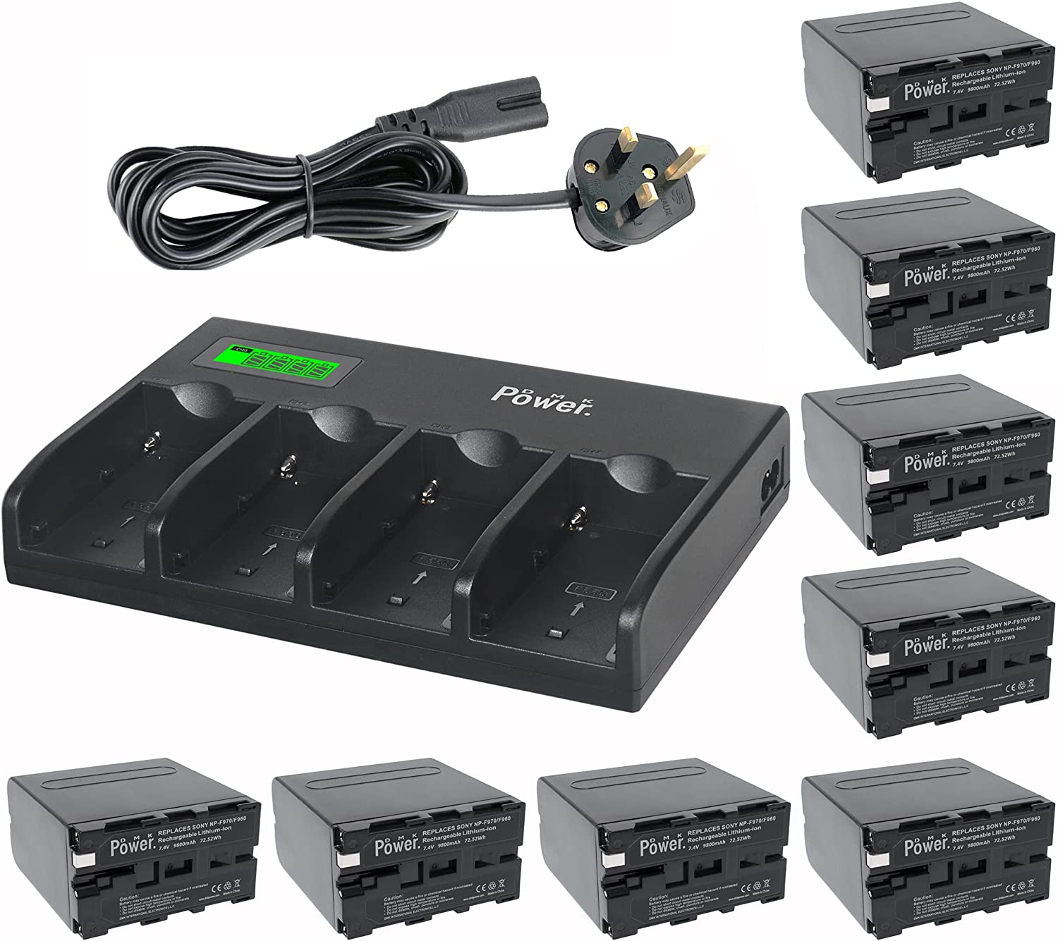 DMK Power 4-Channel Charger And NP-F970 (9800mAh) 8-pack Batteries made for LED Video Light and Monitor only (Not for Cameras)