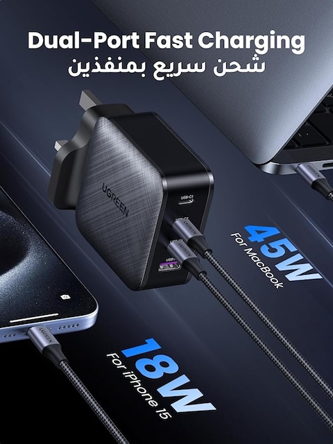 UGREEN 4 منافذ USB C GaN شاحن قابس نوع C سريع الجدار الرئيسي محول توصيل الطاقة لأجهزة الكمبيوتر المحمولة iPad وiPhone وSamsung وHuawei وOneplus وXiaomi وDell وLenovo