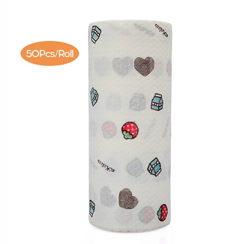 Decdeal - 50Pcs/Roll Dry and Wet Non-woven Dishcloth Printing Paper Disposable Washable Home Kitchen Cleaning Paper