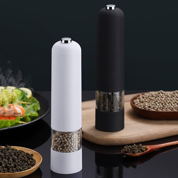 Set of 2 Professional Salt &amp; Pepper Mills, Electric Grinder, Adjustable Coarseness, Seasoning Bottle for Salt, Pepper, Dried Herbs, Spices (White)