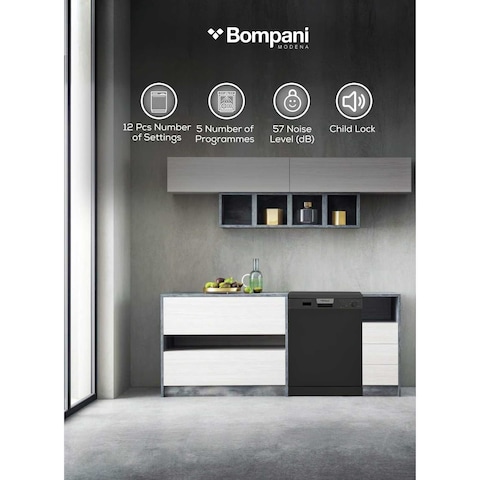 Bompani Dishwasher With 5 Programs, 12 Place Settings, LED Indicator -BO5011 Black