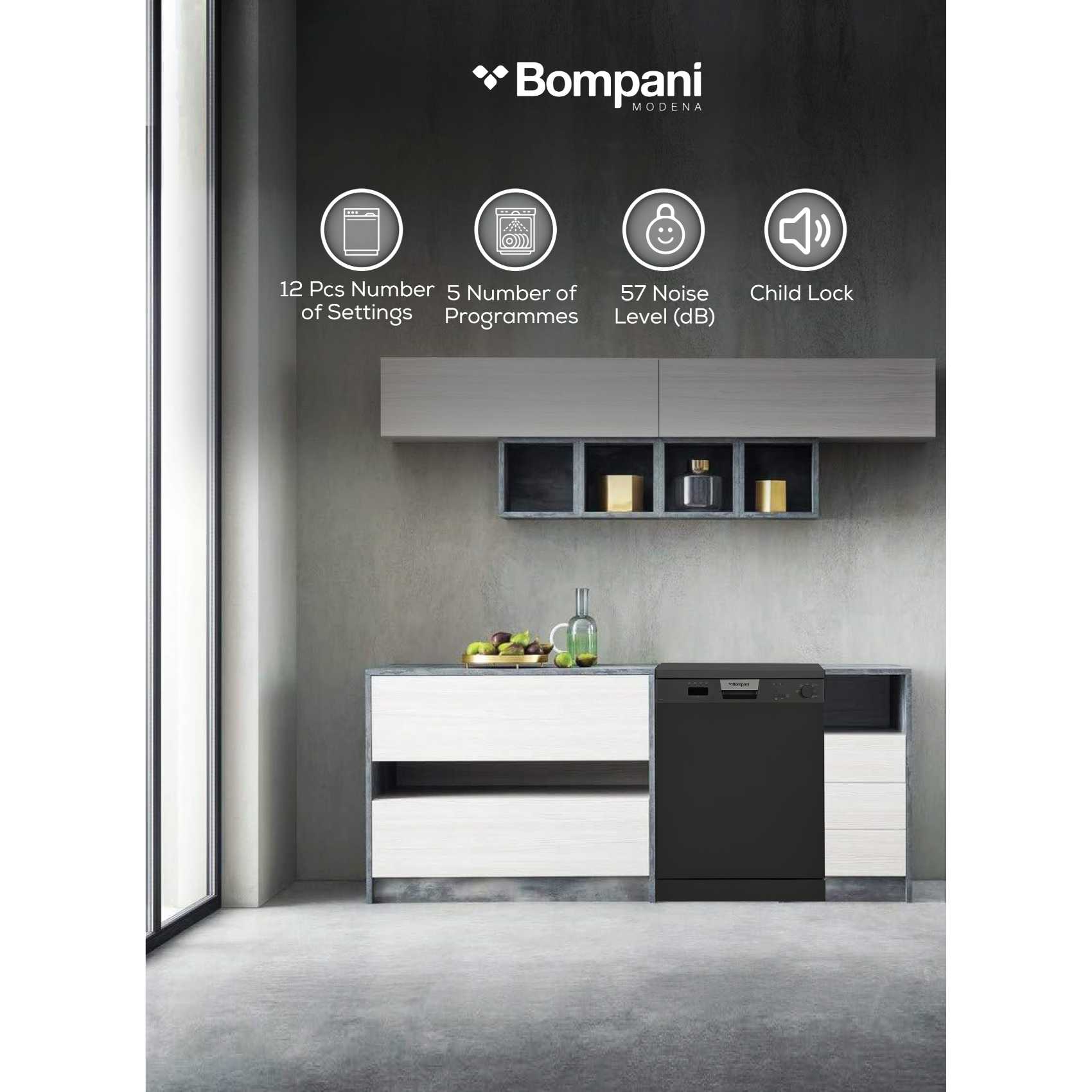 Bompani Dishwasher With 5 Programs, 12 Place Settings, LED Indicator -BO5011 Black