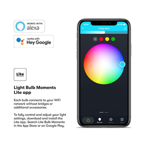 Lite Bulb Moment A60 RGB LED Lamp 2700-6500K E27 8.5 Watts WiFi &amp; Bluetooth - 3 Pack- White