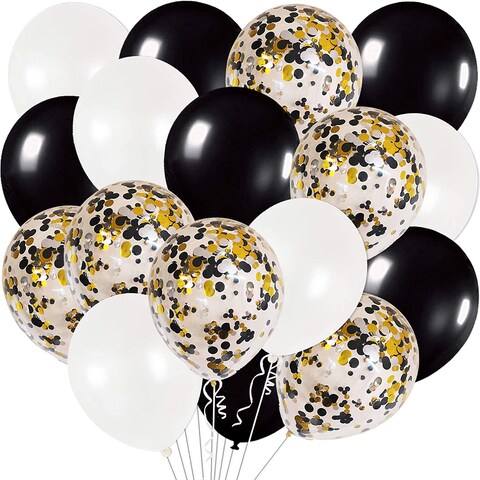 Party Time Black Silver Gold Confetti Latex Balloons Kit - Pack of 30 | Black, White Latex Balloons for Birthday Party | Glittery Confetti Balloons for Wedding Decoration, Anniversary, Bridal and Baby