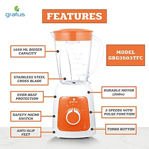 GRATUS 350Watts BLENDER, Big 1650 ml Jar + 2 Grinder Jars, 2 Speeds + Pulse + Turbo options, 1 year brand warranty - GBG3503TFC (Orange)