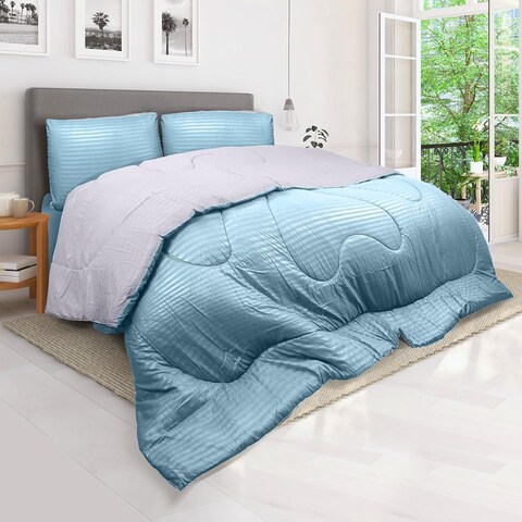 Hotel Linen Klub Reversible Down Alternative Comforter Set, Ultra Soft Brushed Stripe Microfiber Fabric, 200GSM Soft Fibersheet Filling, Size: Single 160 x 200cm, Aqua &amp; Light Grey
