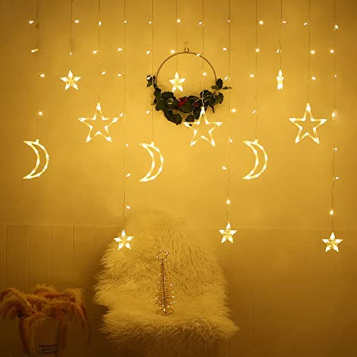 String Lights Moon Fairy String Lights Solar Powered Outdoor Curtain Window Lights Twinkle LED Star Lights for Backyard Garden Patio Home Party Holiday Ramadan Decoration (Warm light)