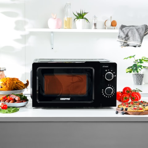 Geepas 20 L Microwave Oven, Easy Reheating, Fast Defrosting, Multiple Power Levels, Digital Display, Cooking End Signal With Timer Switch, Chrome Knobs For Durability, 1100 W, GMO1899-BL, Black