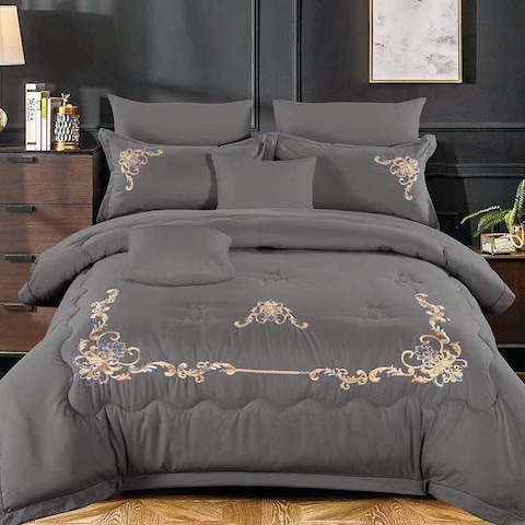 Comfy 8Pcs King Size Cotton Comforter Set With Embroidery - Grey