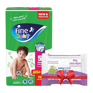 Fine Baby Diapers Size 5 Maxi - 76 Pieces + Easy Care Wipes - 40 Pieces