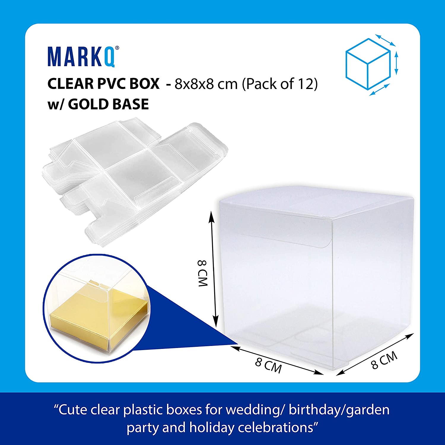 Markq Clear Favor Boxes 8x8x8 cm, 12 pcs PVC Transparent Box for Gifts Macaron Cupcake Candy Cookies Ornament Gifts Wedding Party Baby Shower (Gold Base)