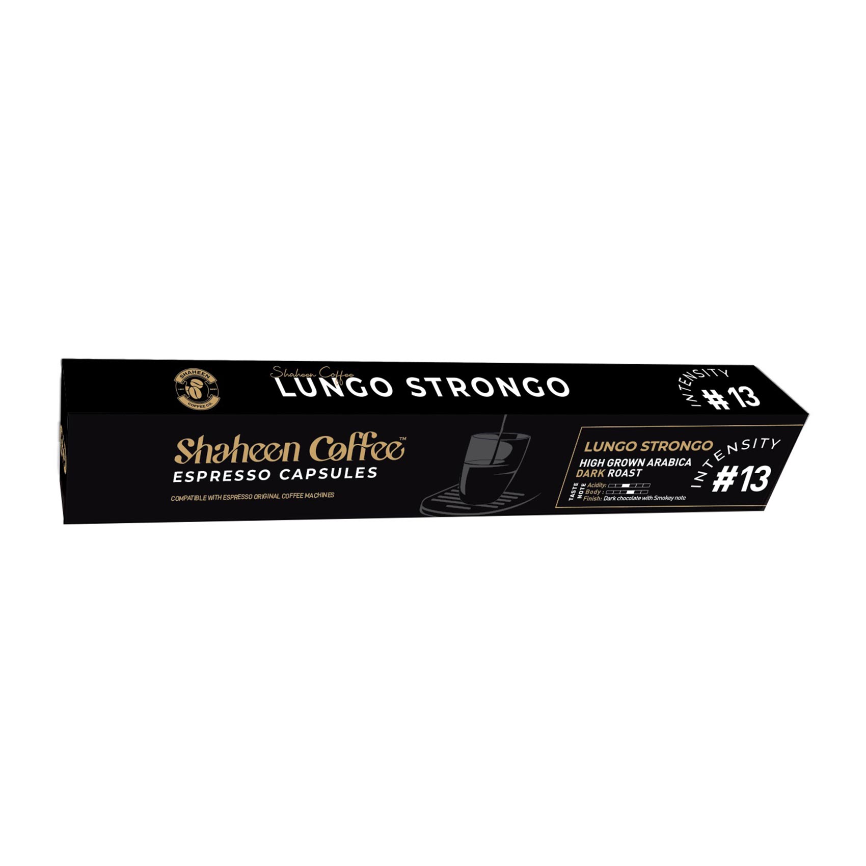 Shaheen Coffee Lungo Strongo 13 Espresso Coffee Capsules – 10 Capsules Shaheen Coffee Lungo Strongo 13 Espresso Coffee Capsules – 10 Capsules