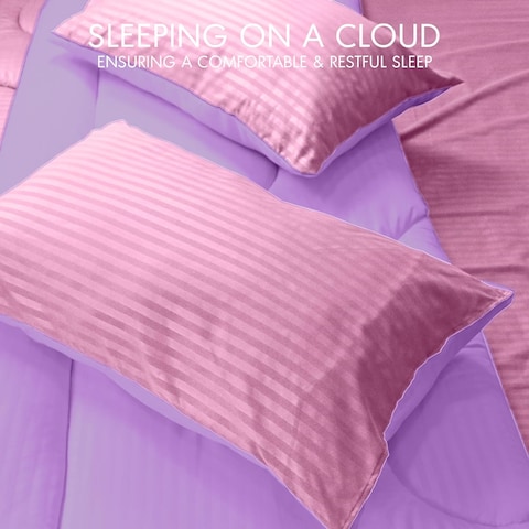 Hotel Linen Klub Reversible Down Alternative Comforter Set, Ultra Soft Brushed Stripe Microfiber Fabric, 200GSM Soft Fibersheet Filling, Size: Single 160 x 200cm, Pink &amp; Lilac