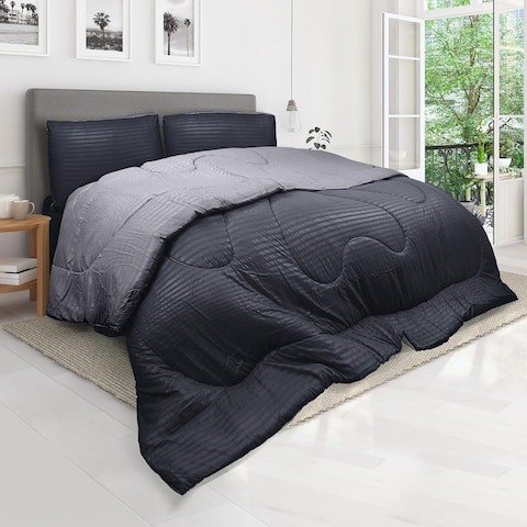 Hotel Linen Klub Reversible Down Alternative Comforter Set, Ultra Soft Brushed Stripe Microfiber Fabric, 200GSM Soft Fibersheet Filling, Size: Single 160 x 200cm, Charcoal &amp; Lt. Grey