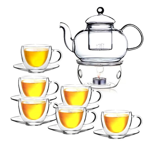 LIYING Double Wall Glass Teapot Set Combined With  Teapot 1 x 600ml ,1 Candle Warmer ,  Clear Classic designedTeacups and Sauce [6 x 120ml], Heat-resistant Stovetop Dishwasher Safe Teapot with Removab