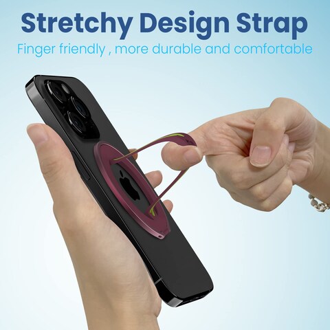 Remson Mag-X Phone Grip Finger Strap Magnetic Phone Kickstand with Silicone Strap Compatible for iPhone 14, 13 Pro/Max/Plus (Maroon/Neon Green)